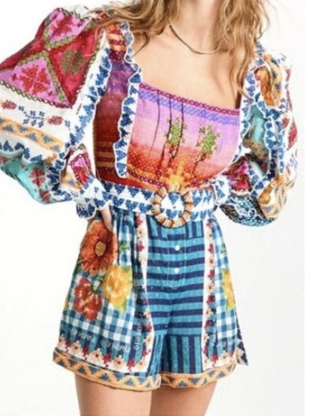 Farm Rio Summer Stitches Patchwork Embroidered Belted Romper Size L